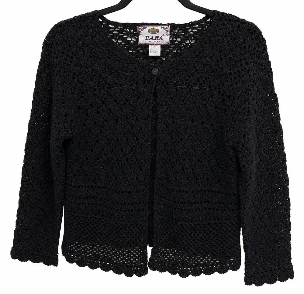 Vintage Tiara Petites Black Crochet Button Front Cardigan PM Ramie Cotton Boho